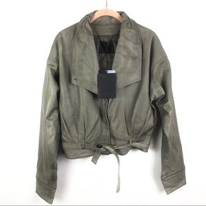 Gestuz Leather Moto Style Jacket, Green, Tie Belt